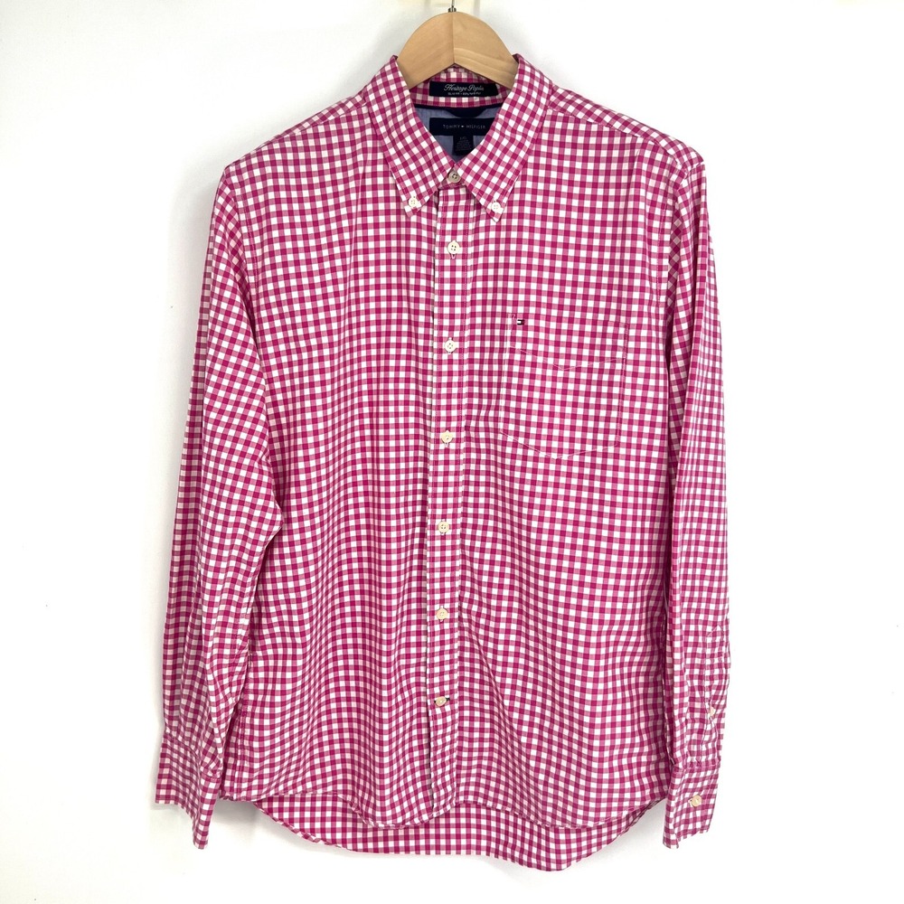 Tommy Hilfiger Heritage‎ Poplin Slim Fit 80's Two Ply Shirt Mens L Pink Gingham